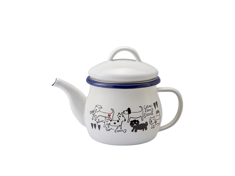 プルーン　ホーローティーポット(茶こし付)モノトーンドッグ