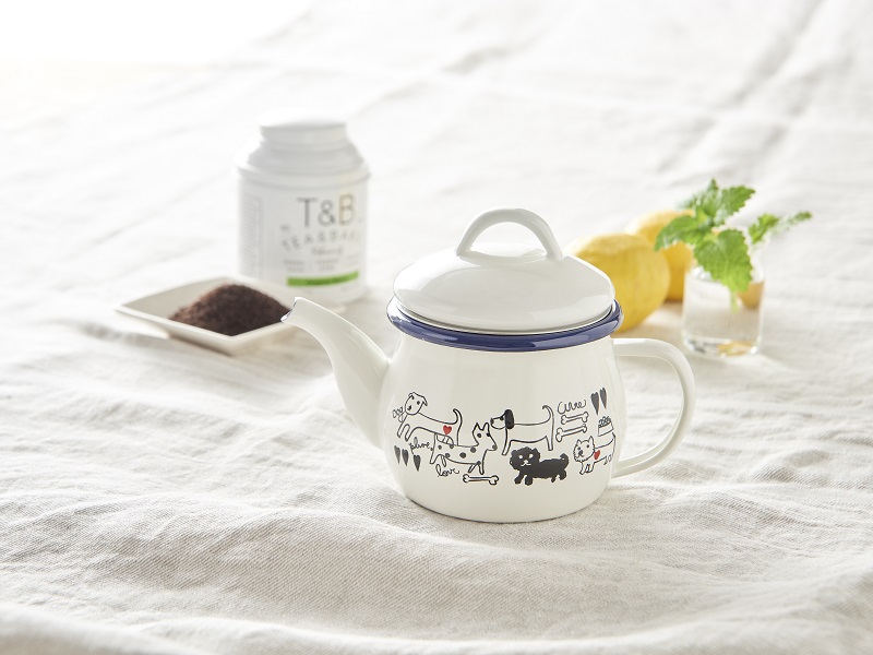 プルーン　ホーローティーポット(茶こし付)モノトーンドッグ